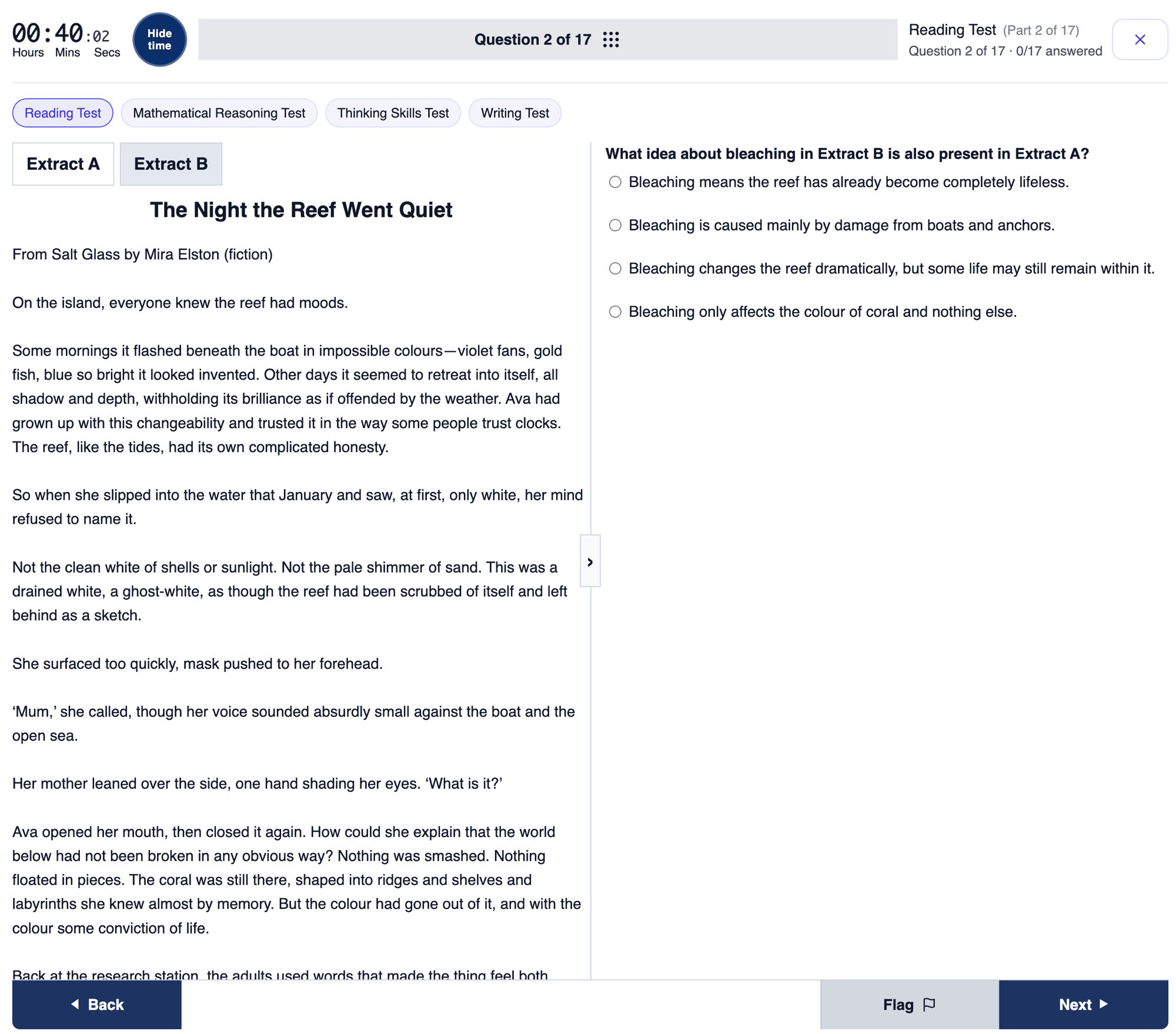 Study Agent mock exam interface showing a timed reading test with multiple choice questions